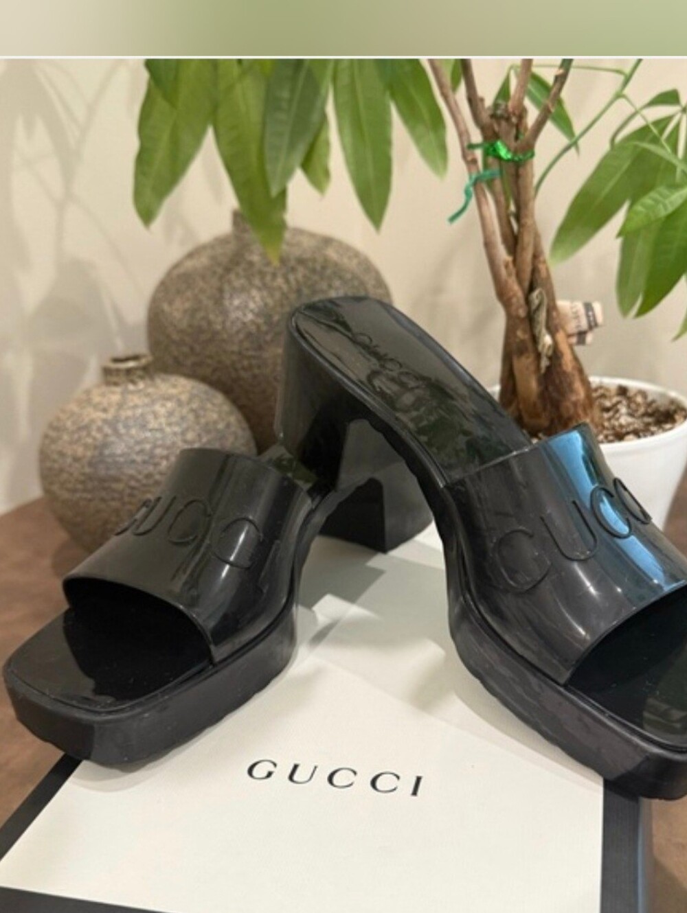 Gucci Black Patent Logo Slide Sandals